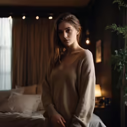 a girl in a bathrobe stands beside a bed