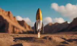 a yellow rocket flies over a mountain range