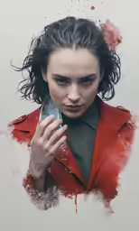 a young woman wearing red jacket holding a cell phone