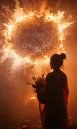 a lady with a bouquet stands in front of a sun