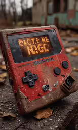 a blood covered gameboy sitting on top of a tree stump