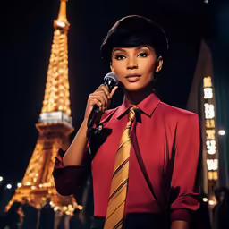 an image of a woman that is standing by the tower
