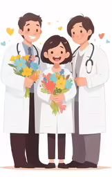 three doctors holding bouquets in their hands