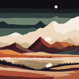 a painting of a mountain range with trees,a painting of mountains and water in the background