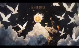 artwork of many birds flying over a mountain