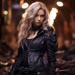 a blonde girl wearing a black leather jacket,a woman wearing black clothes and holding a gun