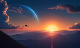 a small plane flies near the setting sun