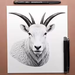a goat with large horns and an extra long, short horns