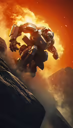 an action scene shows a flying robot on a mountain