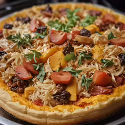 a pizza sitting on top of a table covered in toppings