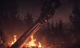 an ancient sword is glowing against fire and dark foliage