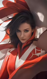 a beautiful woman in a red and white dress