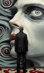 man looking at mural depicting a head, the eye is surrounded by smaller circles