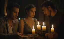 a man and woman are at a candlelight ceremony in the dark