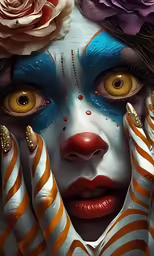 a woman with make - up on her face and nose has flowers in her hair