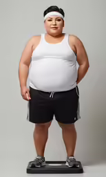 a fat person standing on a scale with one foot on the ground