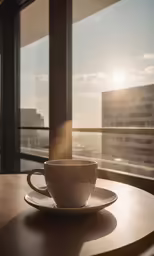 a teacup is on a wooden table near a window