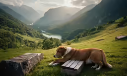 a dog is laying on top of a bench with a valley in the background