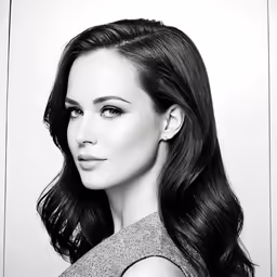 the woman is posing with long hair in black and white