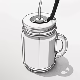a jar with a spoon in it that is on the ground