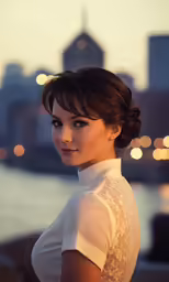 a woman in white poses for a photograph