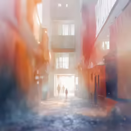 people walking in a narrow street at sunset