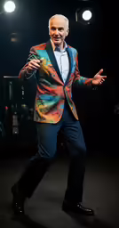 a man is dressed in brightly colored clothes