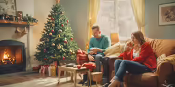 people are sitting on the couch with a christmas tree in front of the fireplace
