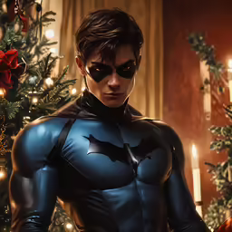 a man wearing a batman suit is near christmas tree