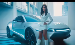 a woman standing next to a futuristic looking car