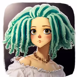 an illustration of an anime girl with big blue curly hair