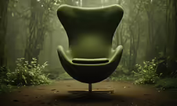 an egg chair sitting on a base in a forest
