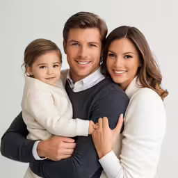 a young man and woman pose together as they hold their little daughter