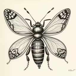 a black and white drawing of a large insect with wings,a butterfly drawing in black and white on paper