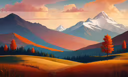 this is a painting of a view of mountains in the evening,the illustration of a landscape is bright and colorful