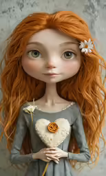 a doll with a heart - shaped brooch sits and stares into the camera
