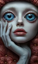 a woman with big eyes and blue eyes
