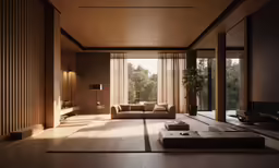 an elegant living room has large windows and large pillows