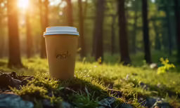 coffee cup sitting in a park with the words on it