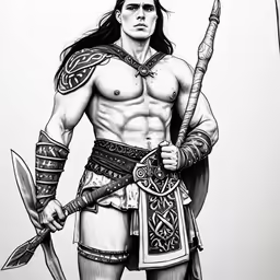the drawing shows the man who has no shirt and is holding a sword
