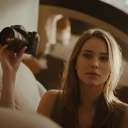 a young woman is holding an object up to her face