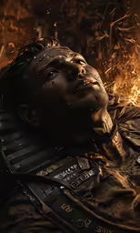 the face of a person laying in front of flames