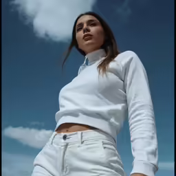 a young woman in a white top is posing with her arms spread out