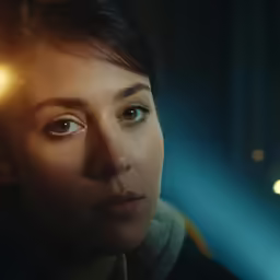 a woman with bright blue eyes stares towards the camera