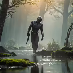 a man is wearing a futuristic suit walking through a forest