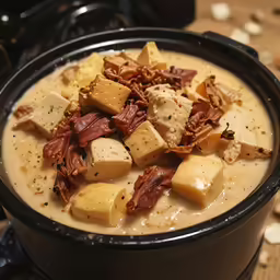 a close up of a soup with bacon on top