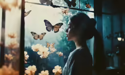 the woman is looking out of a window with butterflies coming from it