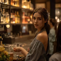 a girl standing in front of a counter while holding a drink