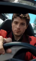 the man is looking into the back view mirror