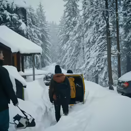 people with backpacks and snowmobile walking down a road